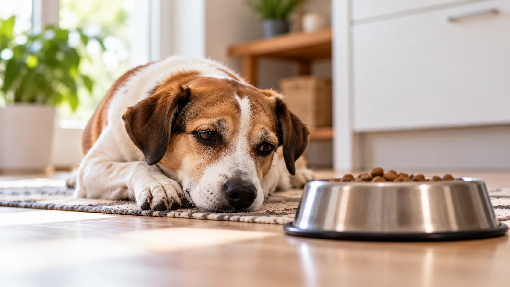 Dog lethargy and not eating – tired dog resting beside a full food bowl