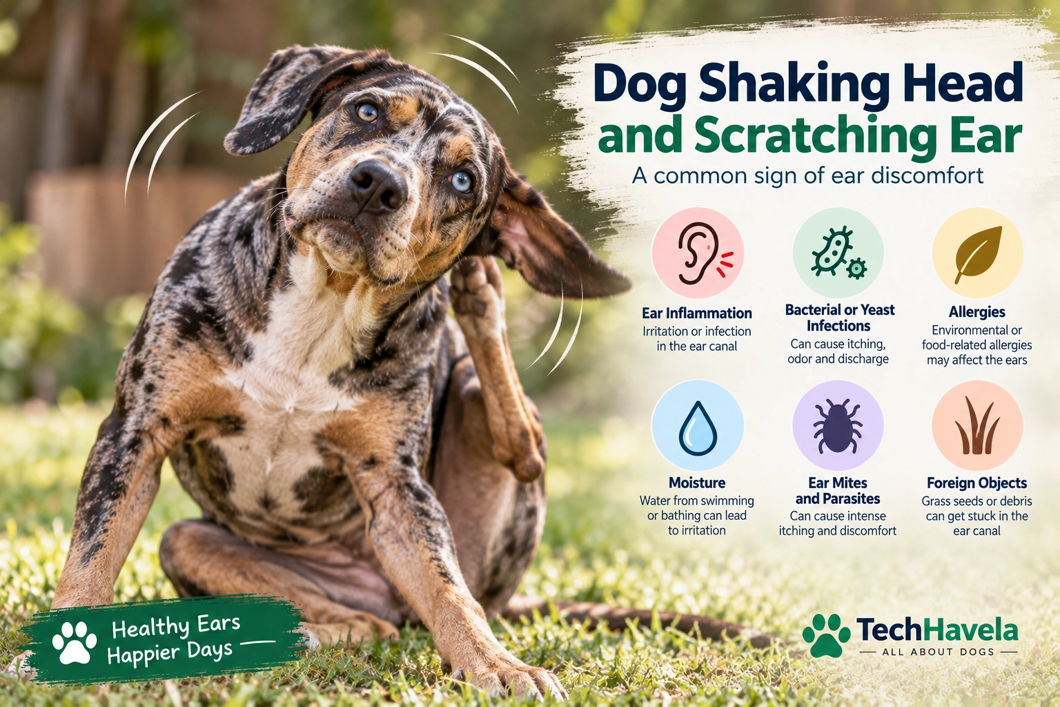 Dog shaking head and scratching ear with common causes of ear discomfort