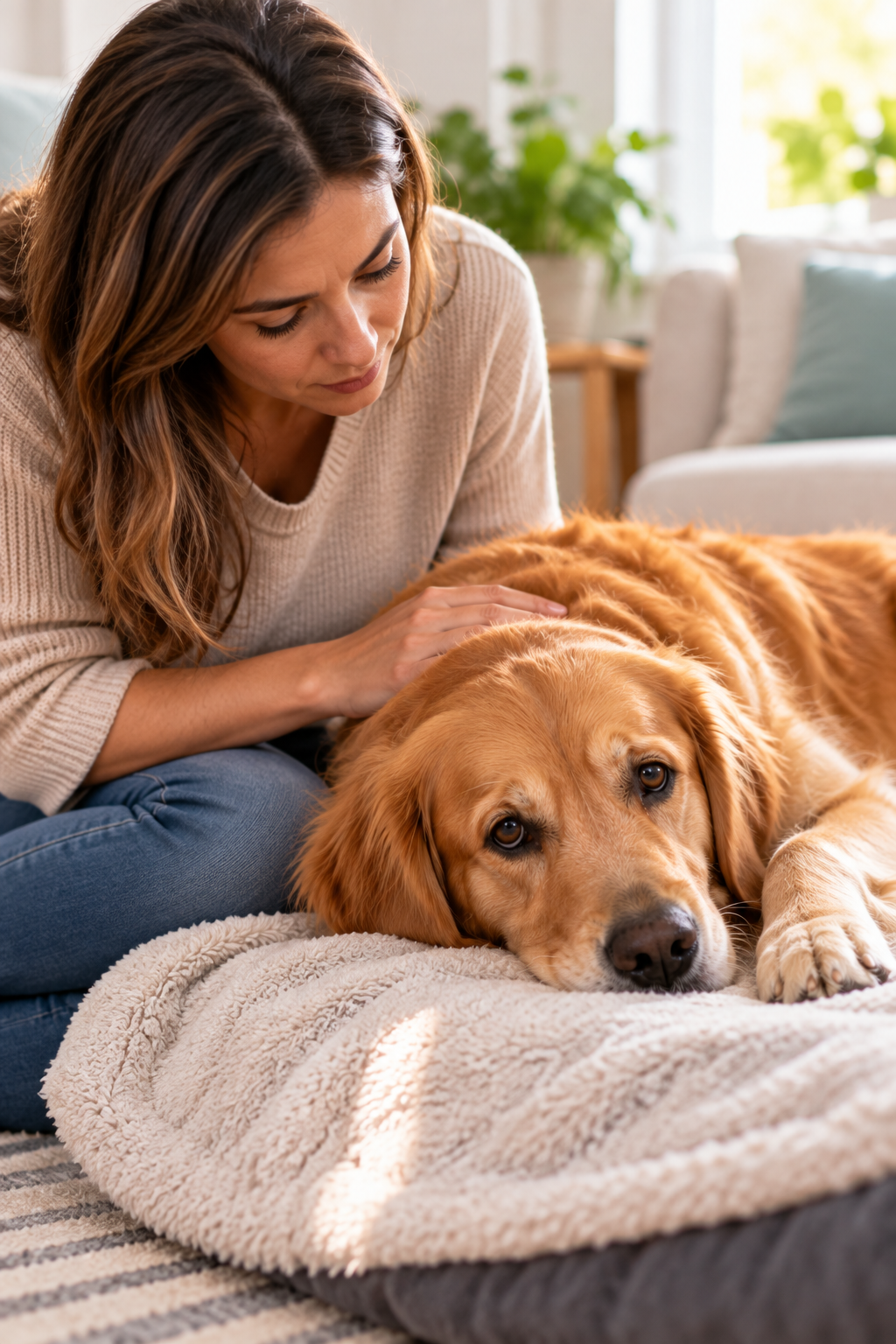 Owner watching a resting dog for warning signs after vomiting.