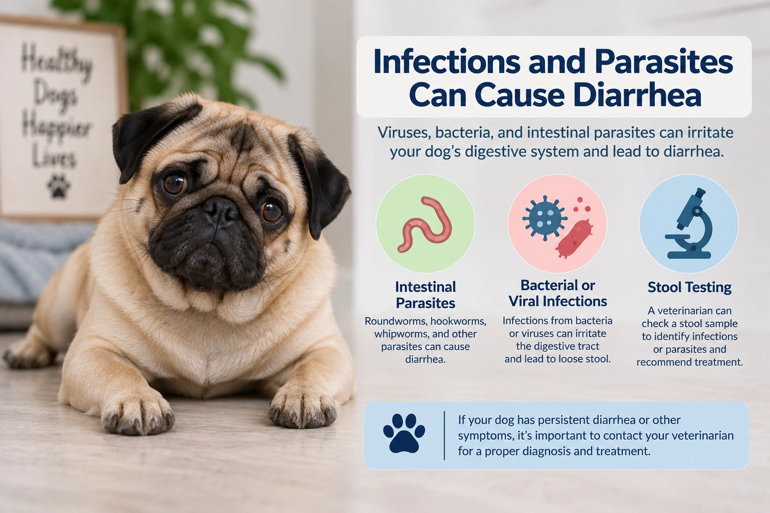 Dog diarrhea caused by possible intestinal parasites or infections