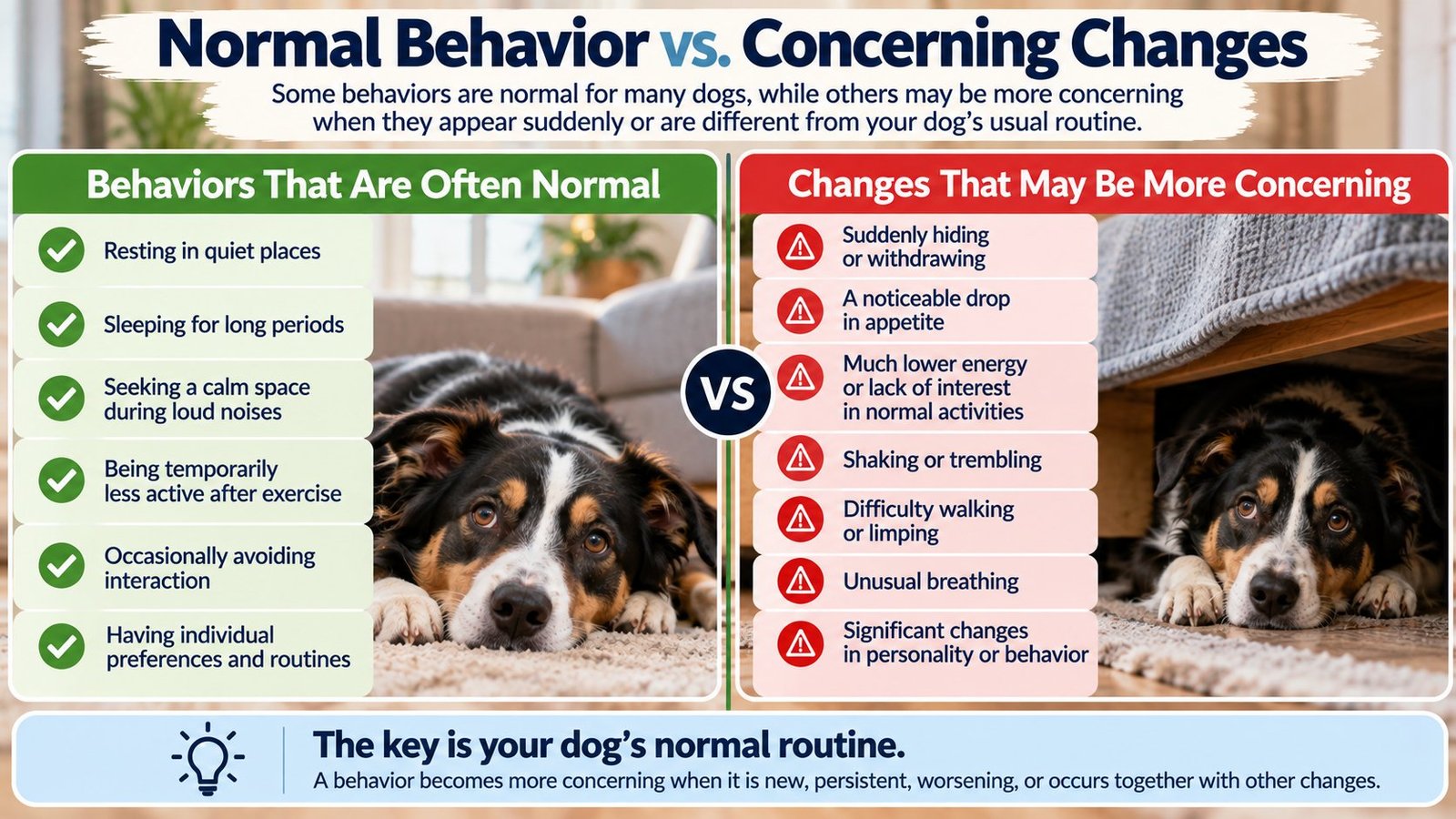 Normal dog behavior compared with concerning changes such as hiding, reduced appetite, low energy, shaking, limping, and unusual breathing