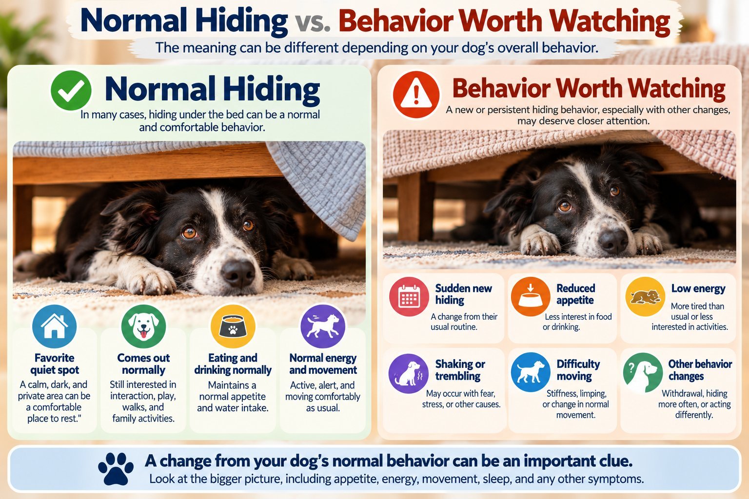 Normal dog hiding compared with warning signs such as reduced appetite, low energy, shaking, and difficulty movingCaption:
Hiding may be a normal preference for some dogs, but sudden or persistent hiding accompanied by changes in appetite, energy, movement, or behavior deserves closer attention.