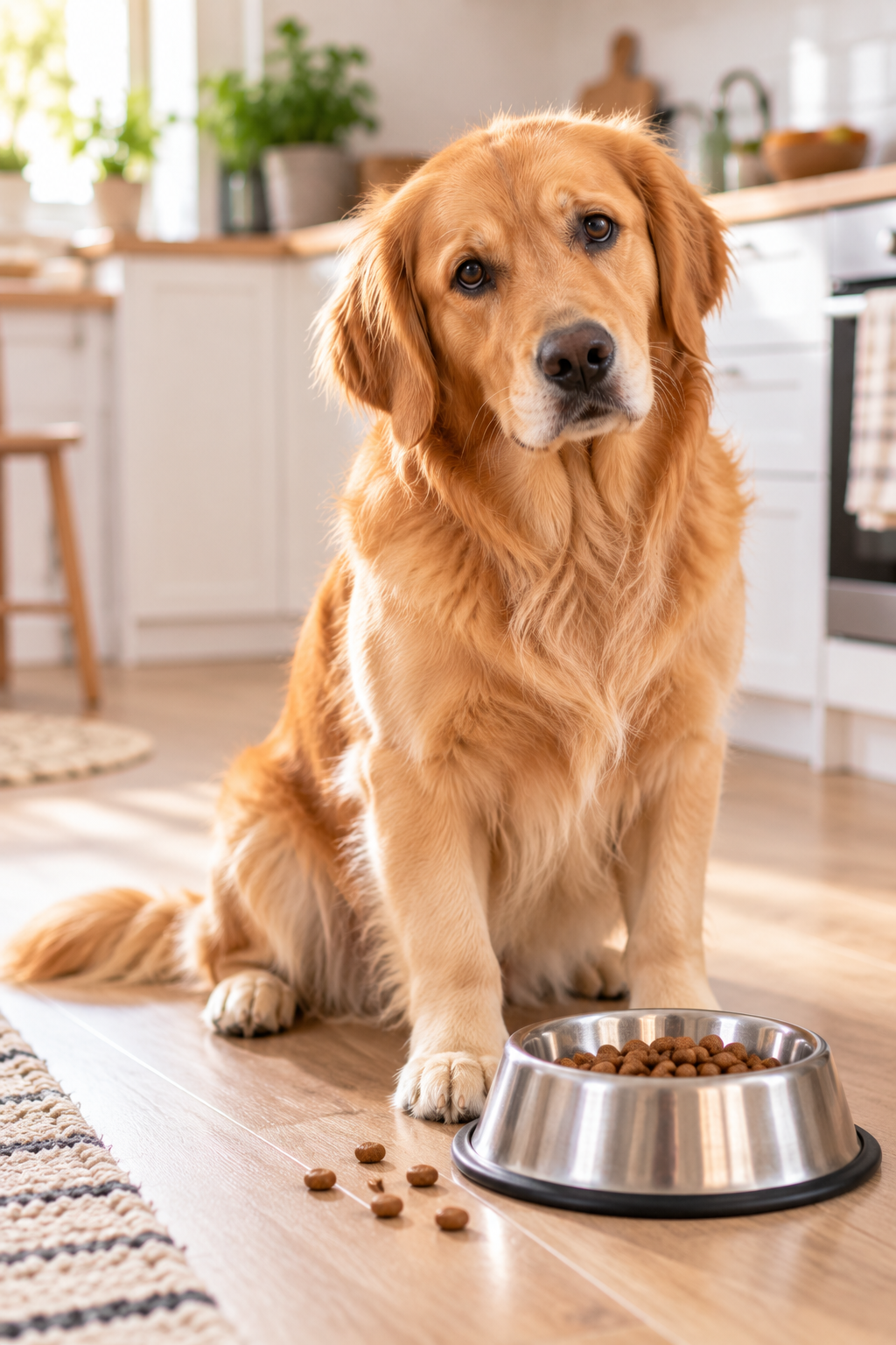 Dog beside a food bowl illustrating possible reasons why dogs vomit