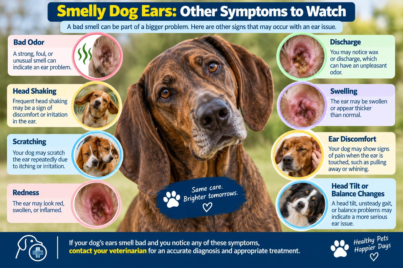 Smelly dog ears with head shaking, scratching, redness, discharge, swelling, ear discomfort, and balance changes