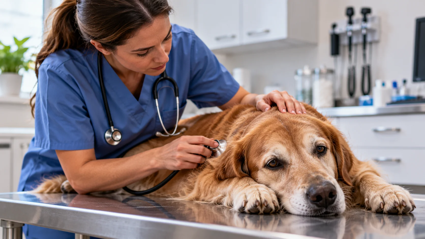 Veterinarian examining a lethargic dog with low energy