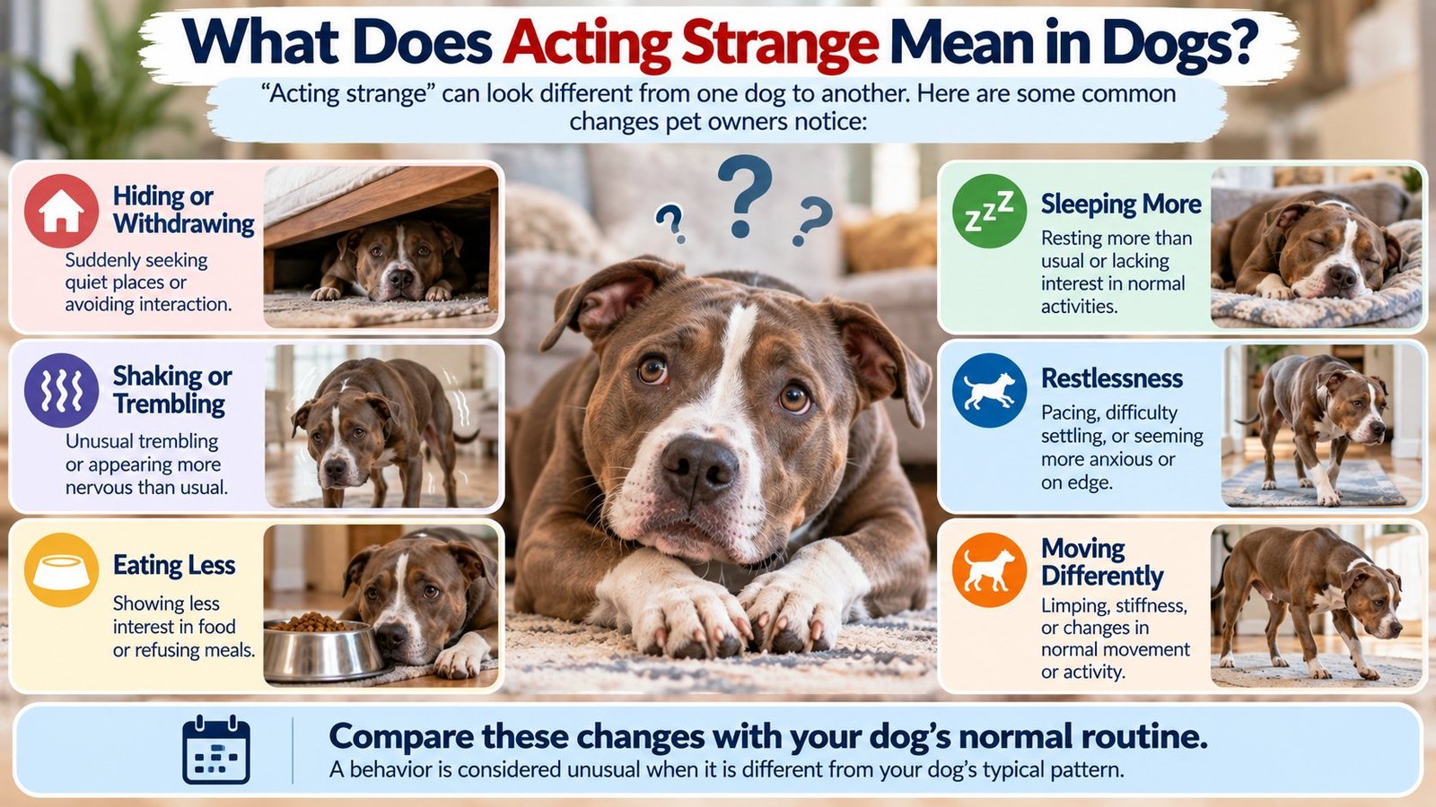 Dog acting strange with changes such as hiding, shaking, eating less, sleeping more, restlessness, and moving differently