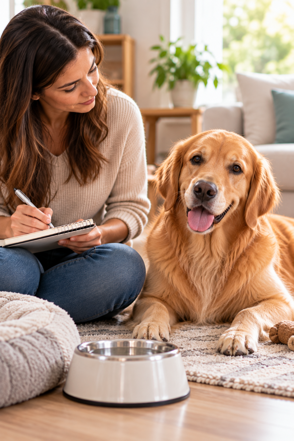 Dog owner observing symptoms and taking notes after a dog vomits.