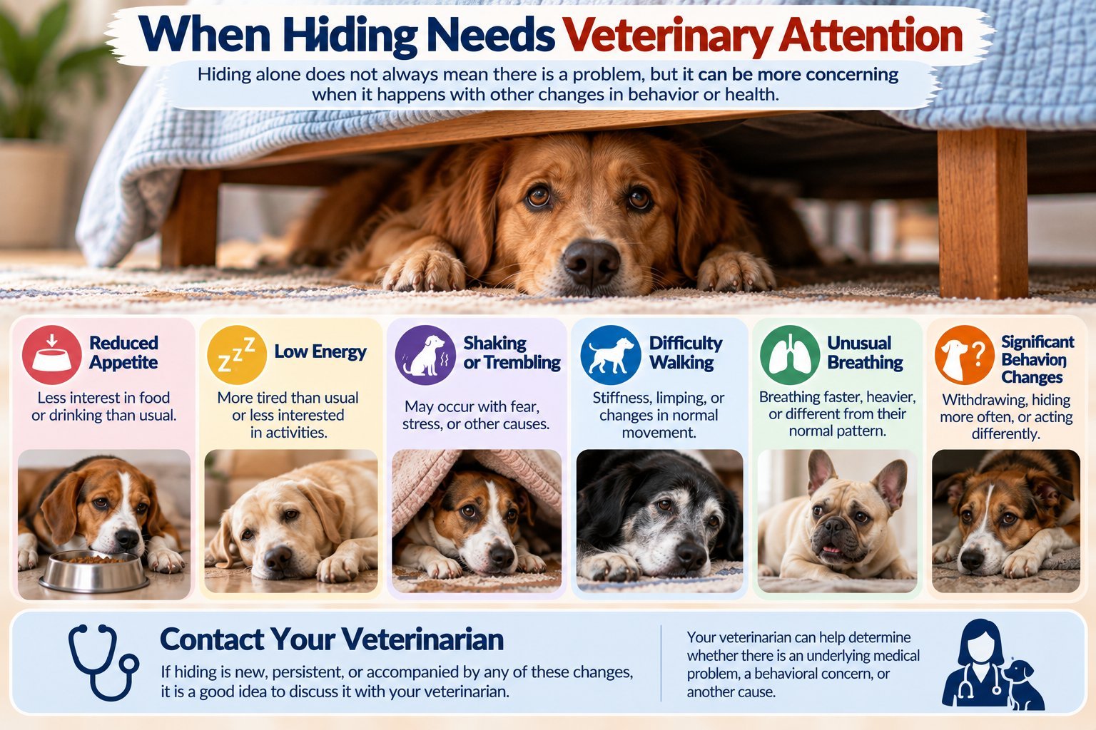 Dog hiding with warning signs including reduced appetite, low energy, shaking, difficulty walking, unusual breathing, and behavior changes