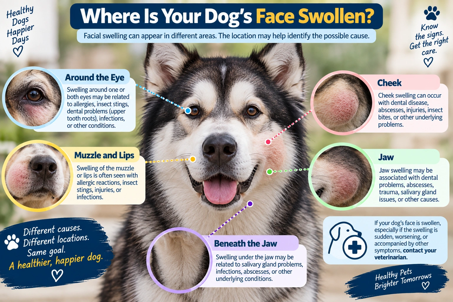 Dog face swollen around the eye, cheek, muzzle, lips, and jaw