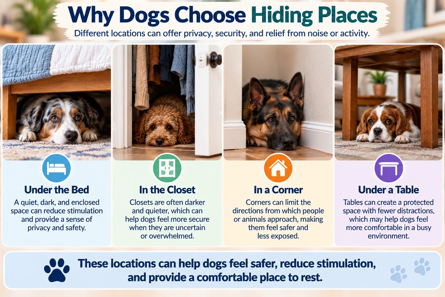 Dogs hiding under a bed, in a closet, in a corner, and under a table