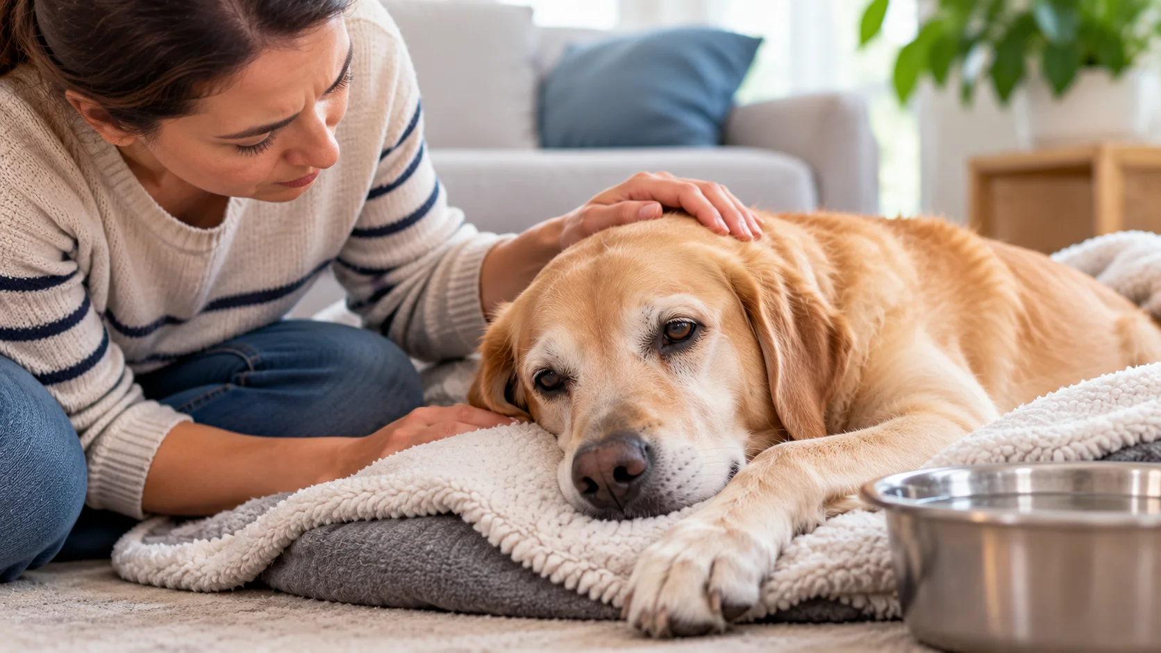 Weak dog resting at home while owner watches for signs of illness