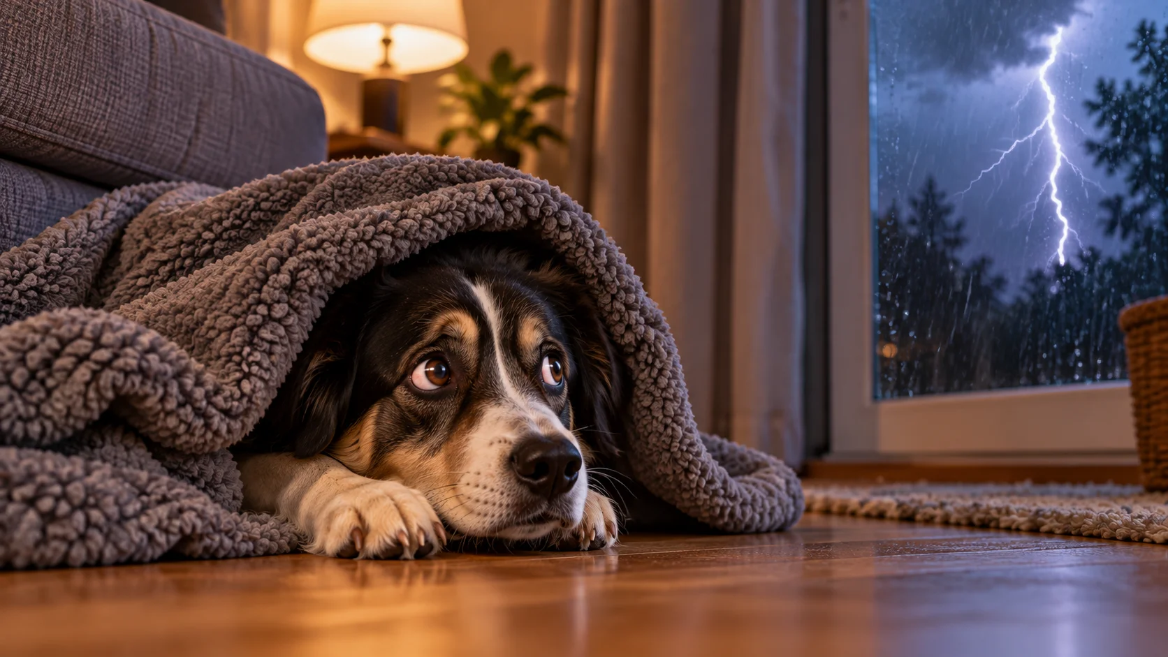 Anxious dog hiding under a blanket during a thunderstorm