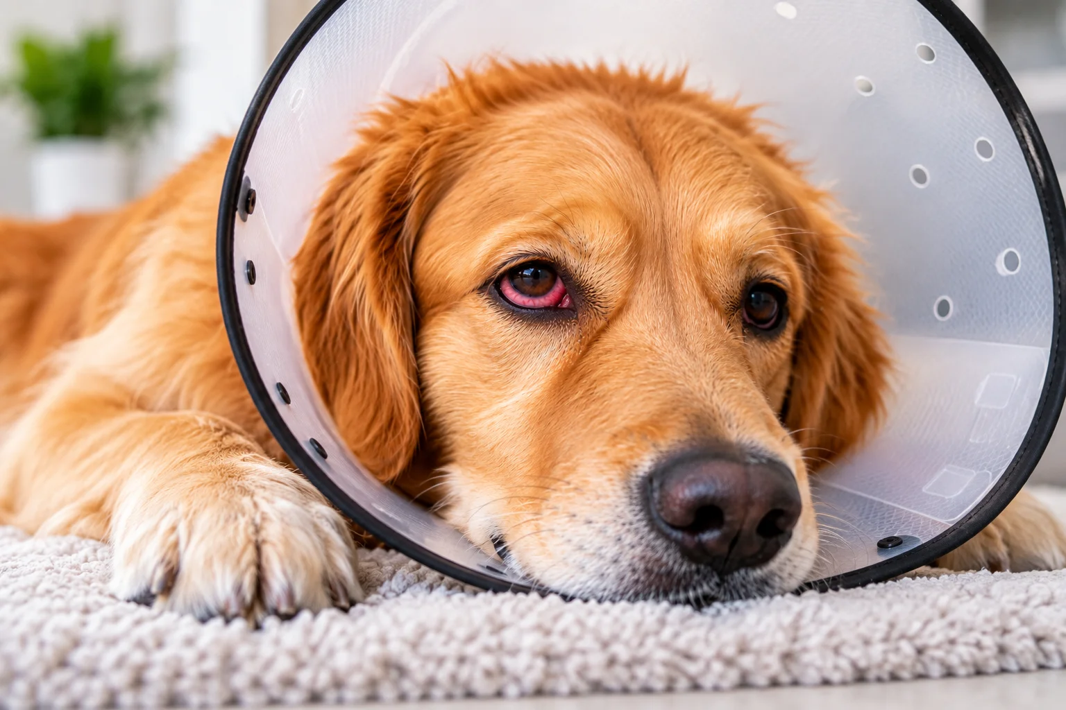Dog with a red eye wearing a protective recovery cone
