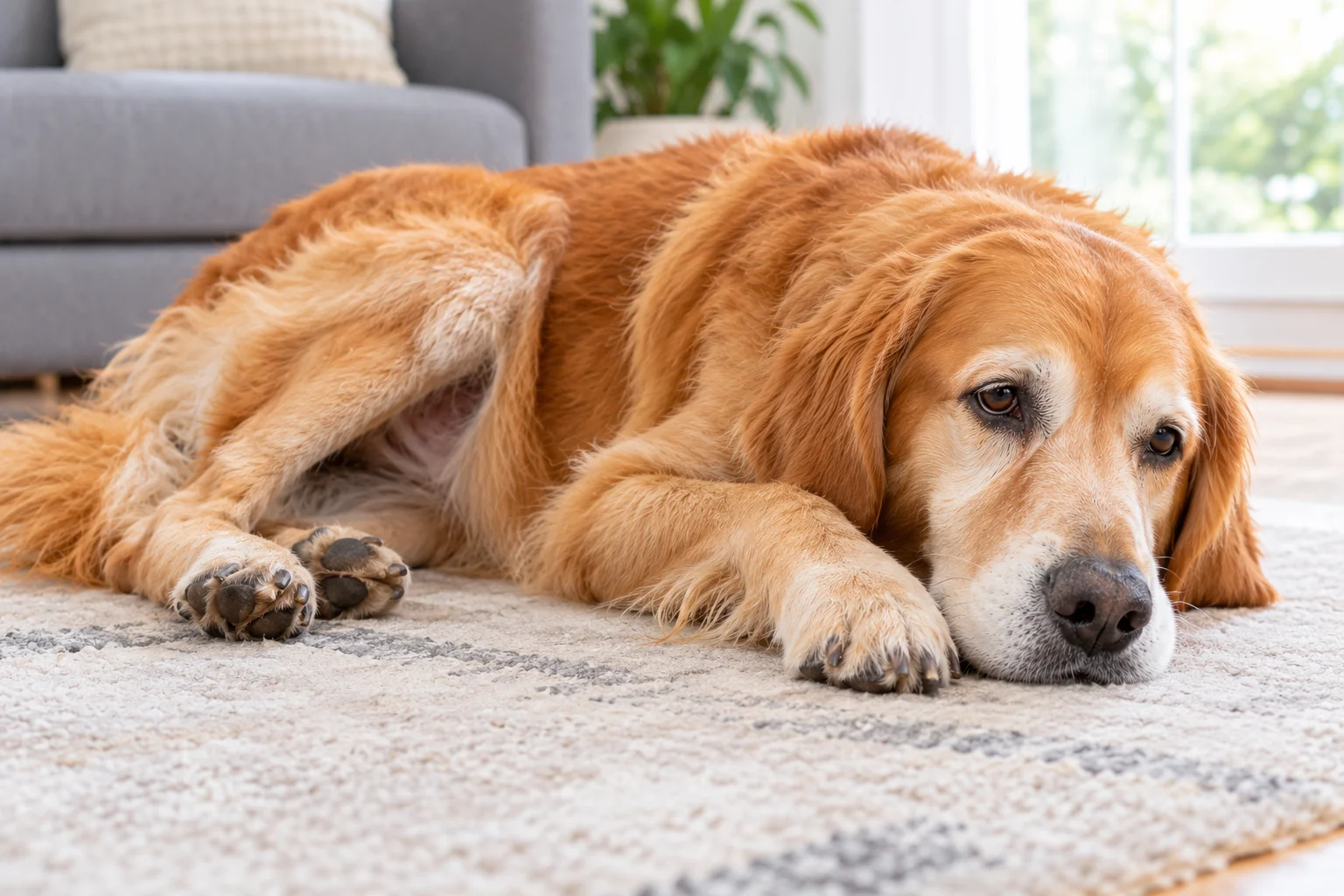 Dog resting on the floor with signs of weakness and discomfort