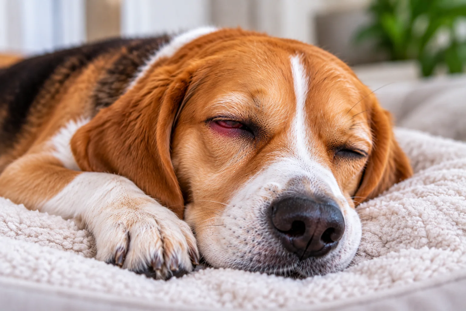 Dog resting with a red irritated eye and visible discomfort