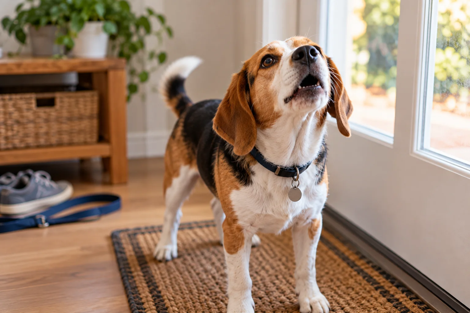 Dog whining by the door because he wants to go outside