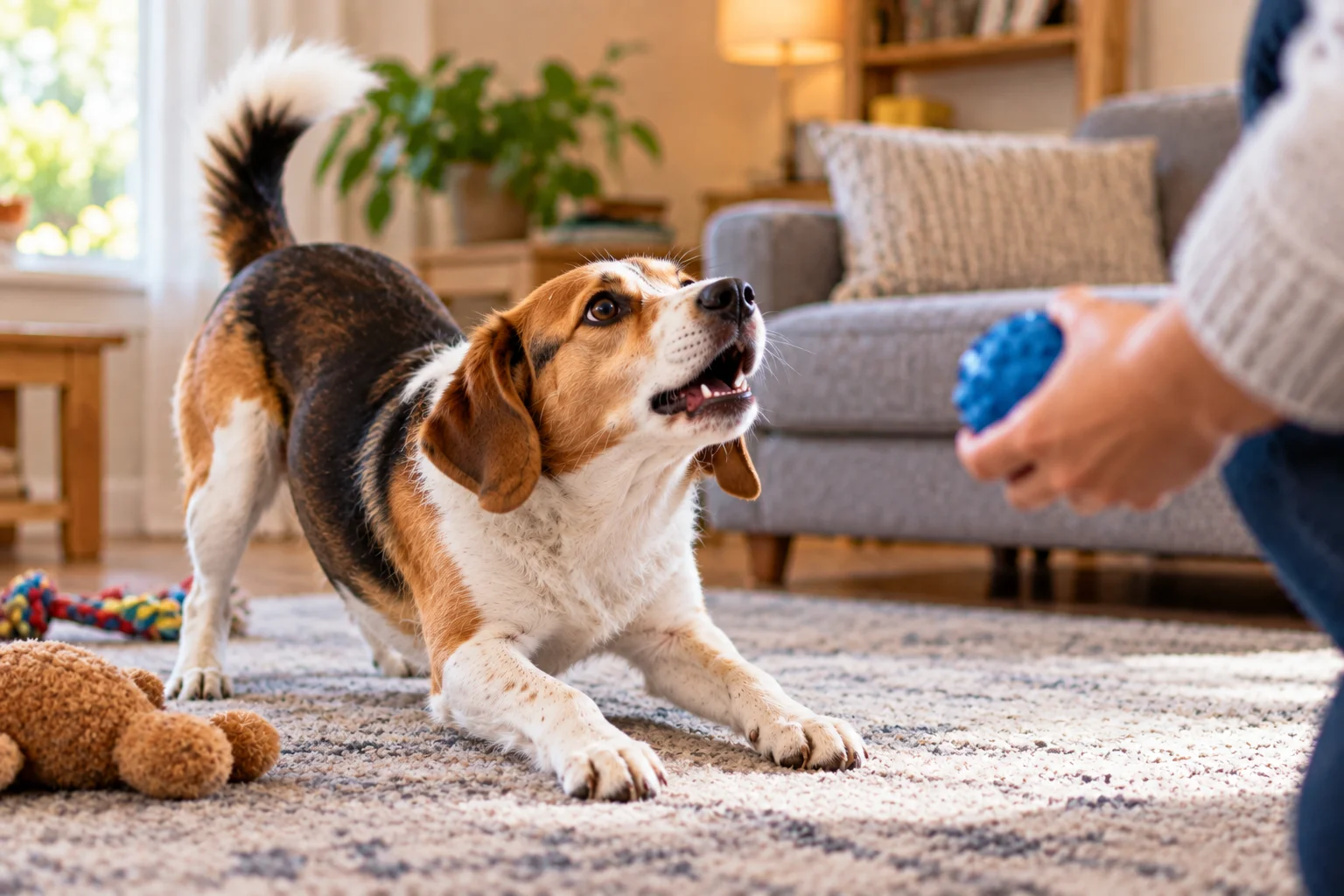 Dog whining with excitement while waiting to play with a ball
