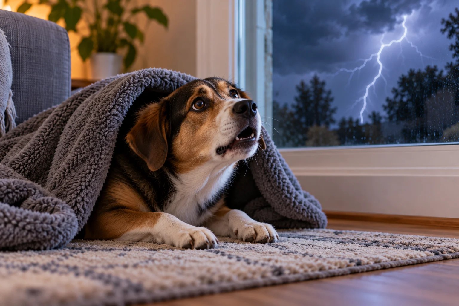 Dog Whining Due to Fear and AnxietyAlt Text: Dog whining and hiding during a thunderstorm due to fear and anxiety 