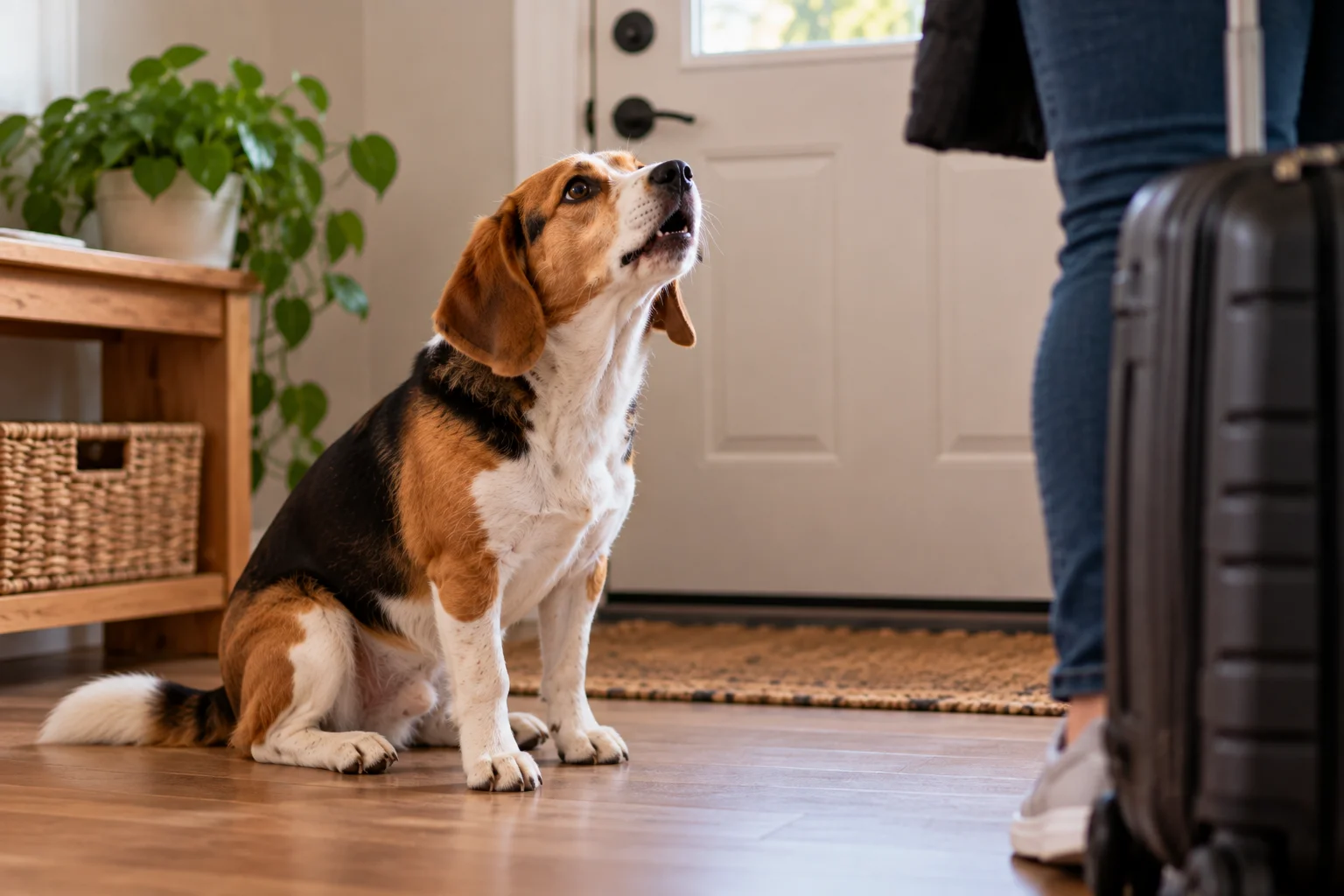 Dog whining as owner prepares to leave home with suitcase
