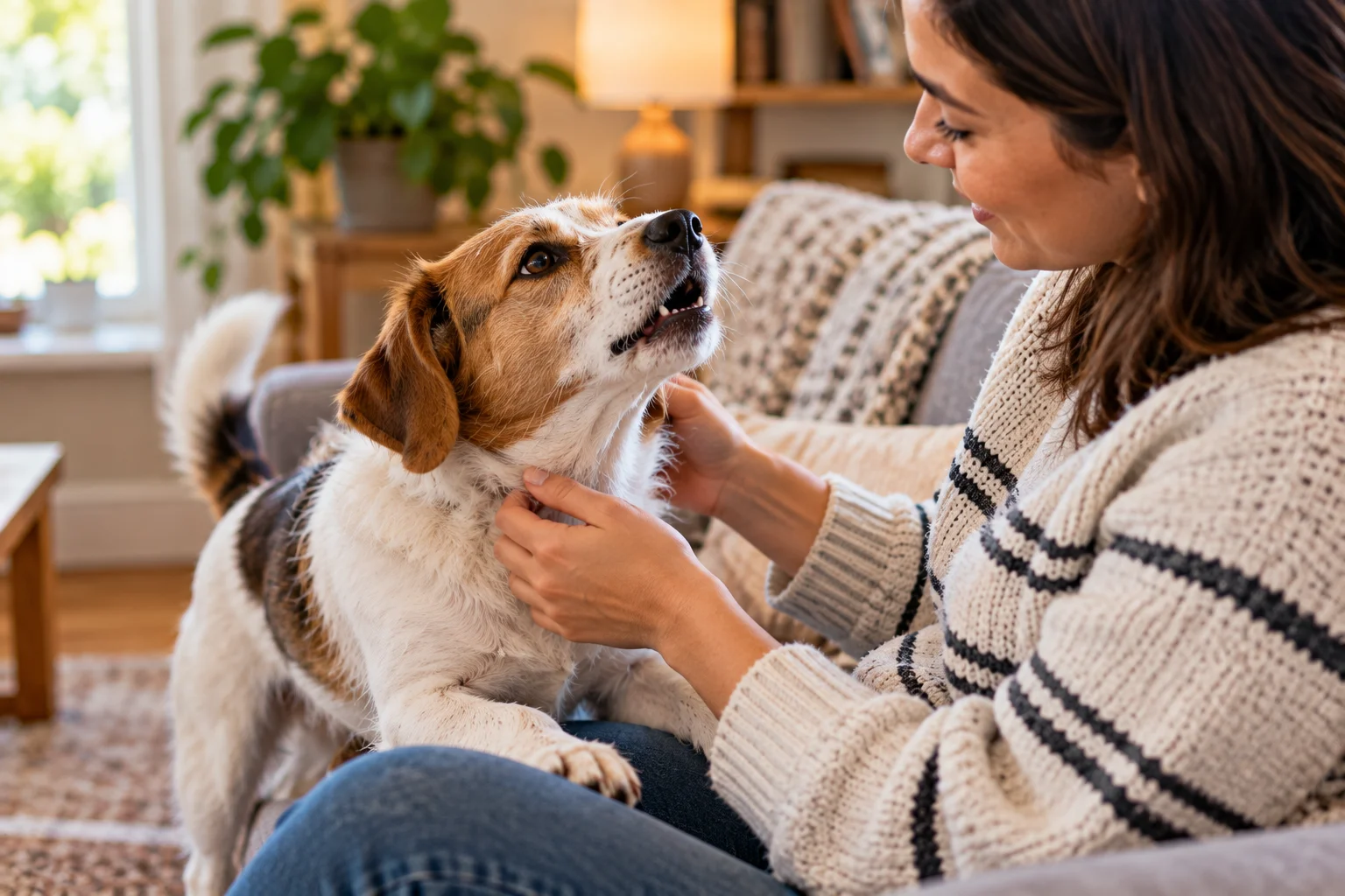 Dog whining for attention while being petted by owner