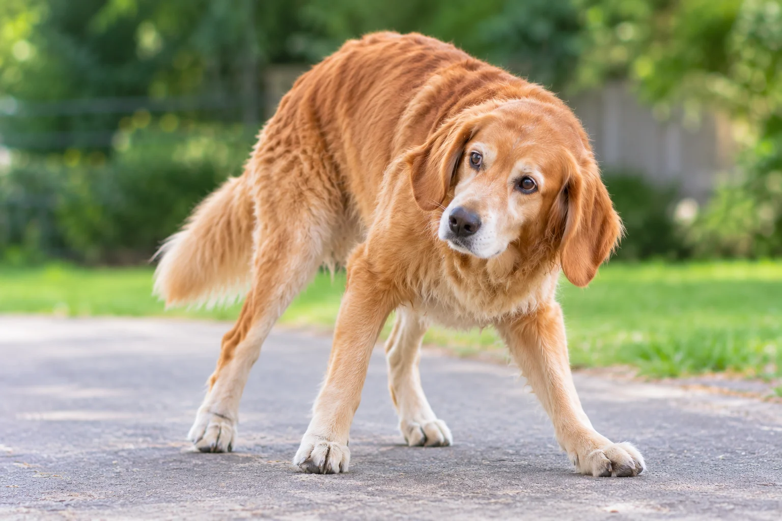 Dog walking unsteadily with a tilted head and wide stance