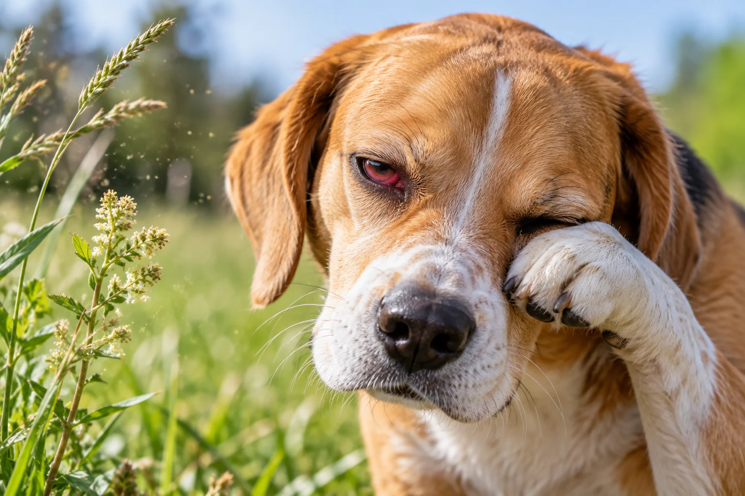 Dog with a red irritated eye rubbing its face outdoors