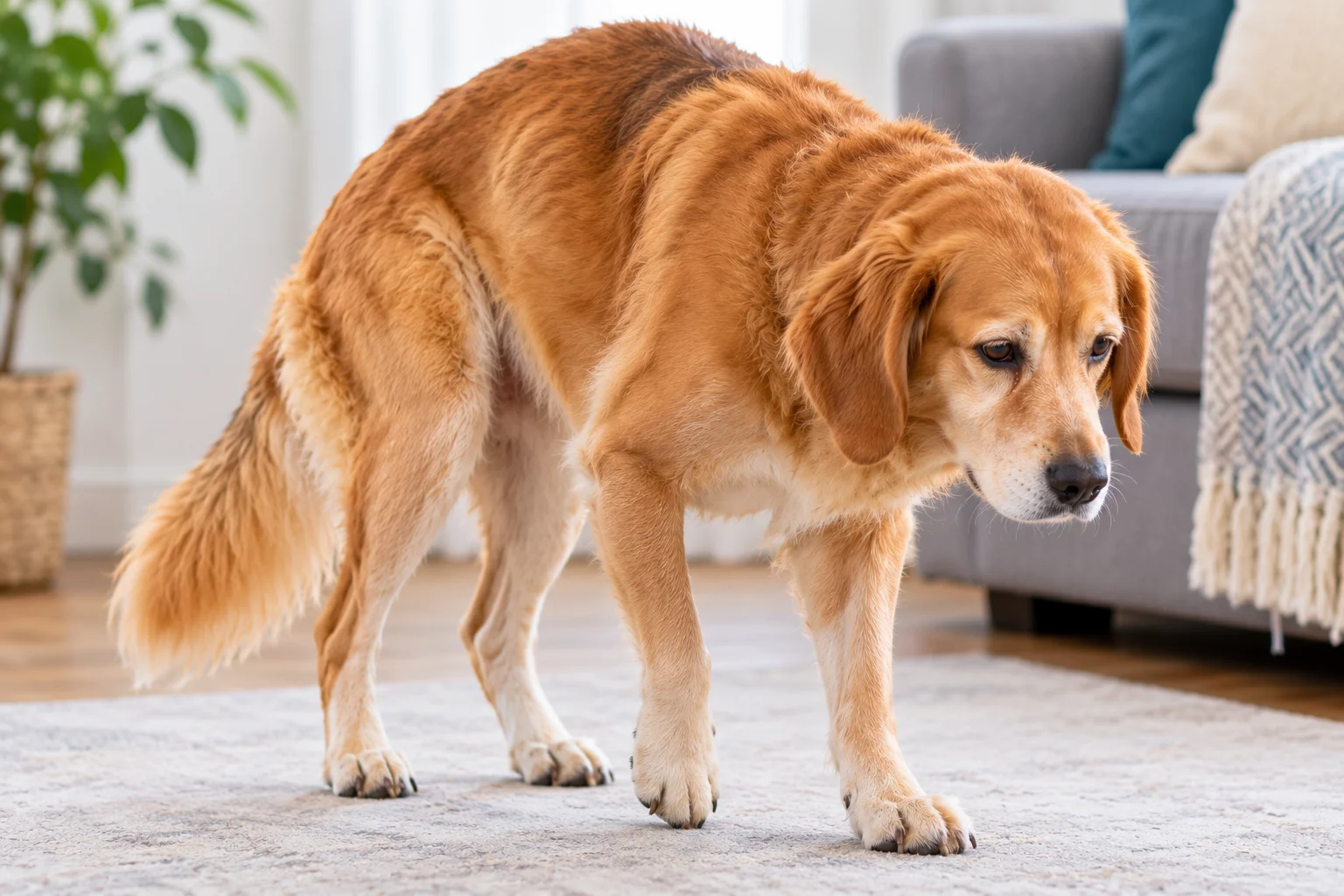 Dog standing with a hunched back and difficulty walking