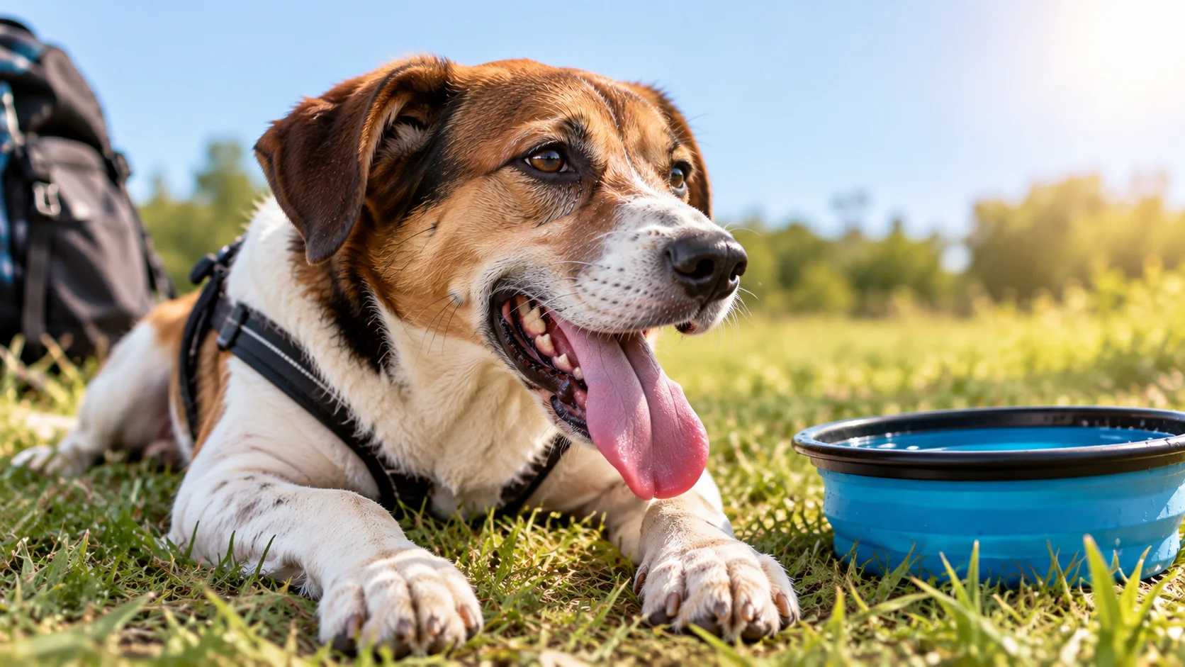 Dog panting heavily after exercise on a warm day beside a bowl of water