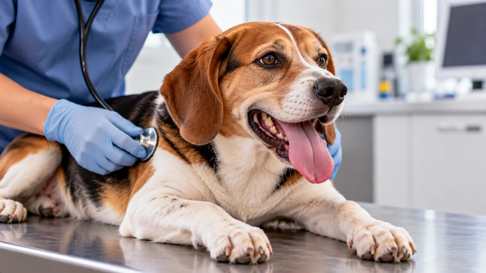 Veterinarian examining a dog with excessive panting using a stethoscope
