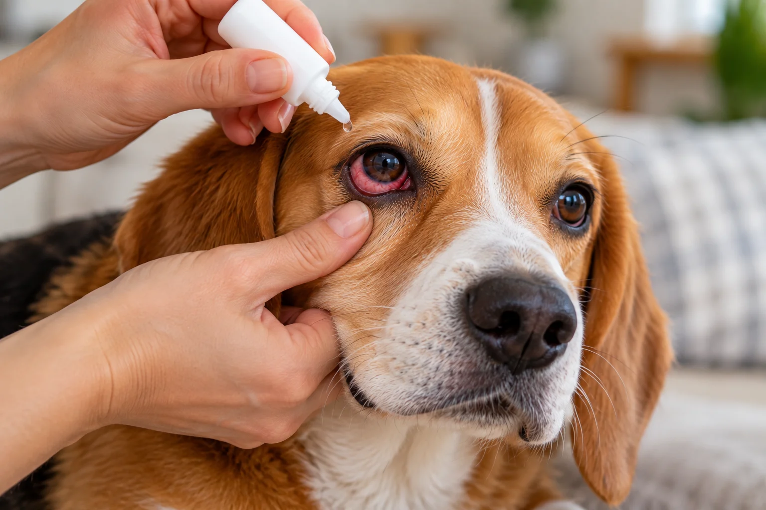 Dog with a red irritated eye receiving eye drops