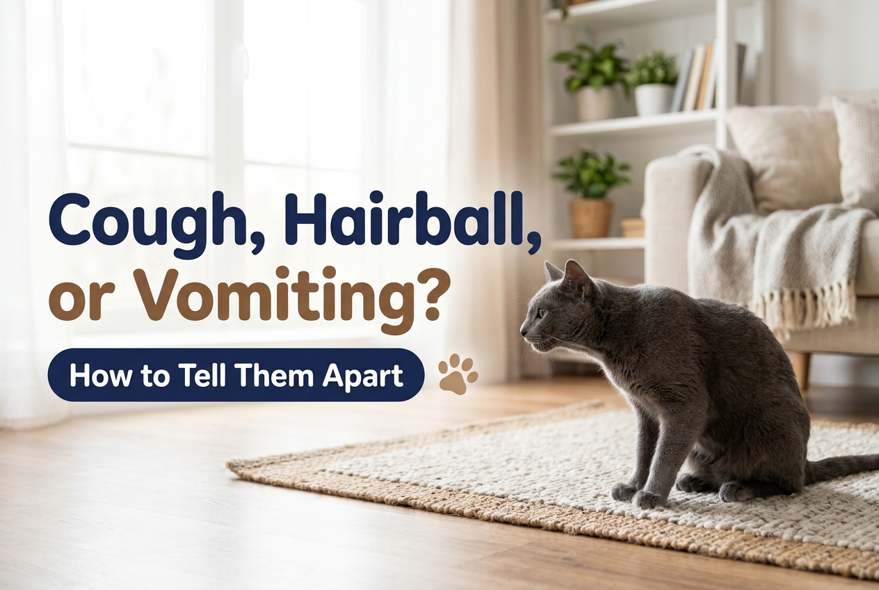 Gray Russian Blue cat crouched low on a rug with its neck stretched forward, a typical posture of a cat coughing