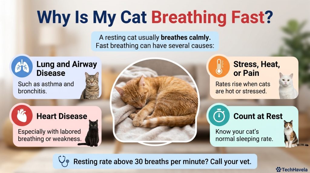 Why is my cat breathing fast? Infographic of an orange cat sleeping on a blanket with causes: lung and airway disease, heart disease, stress, heat or pain, and counting breaths at rest