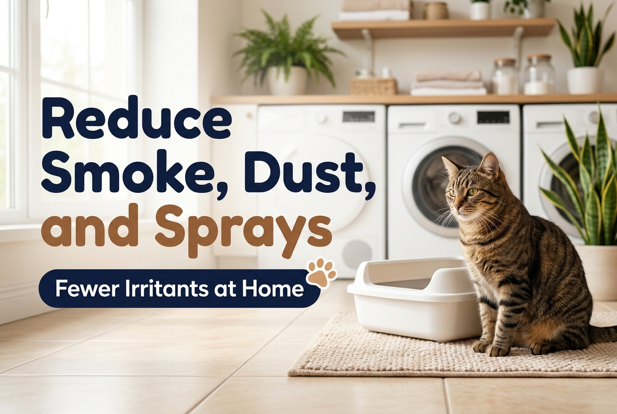 Tabby cat sitting beside a clean litter box in a bright laundry room with plants