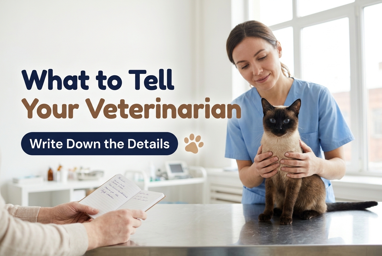 Siamese cat sitting on a vet exam table held by a veterinarian in blue scrubs while an owner holds a notebook
