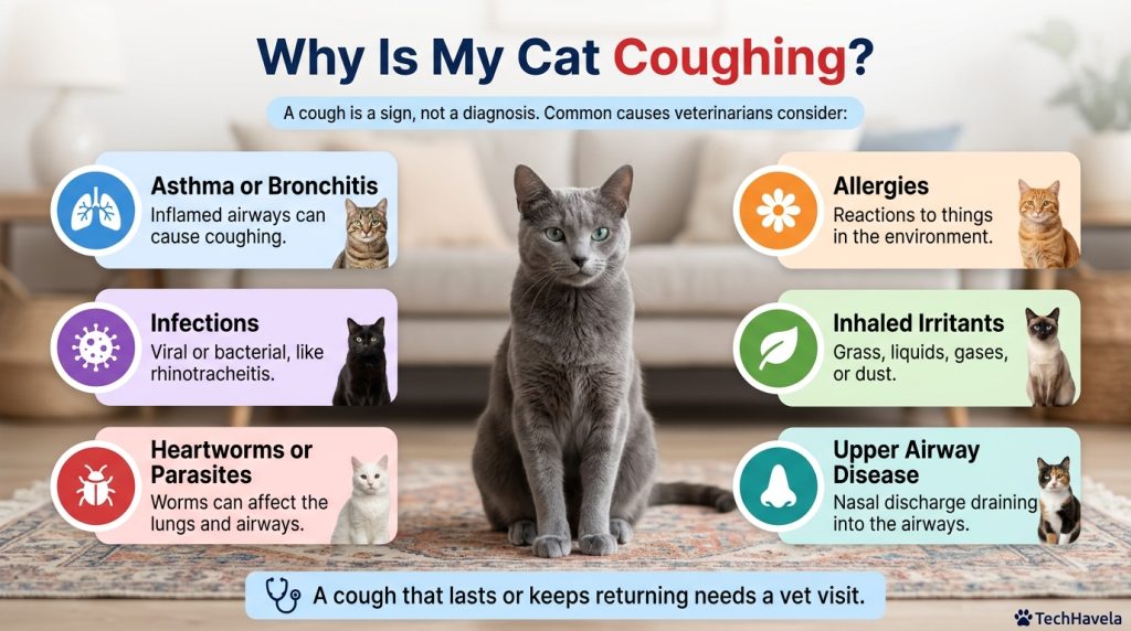 Why is my cat coughing? Infographic of a Russian Blue cat on a rug with six causes: asthma or bronchitis, infections, heartworms or parasites, allergies, inhaled irritants and upper airway disease