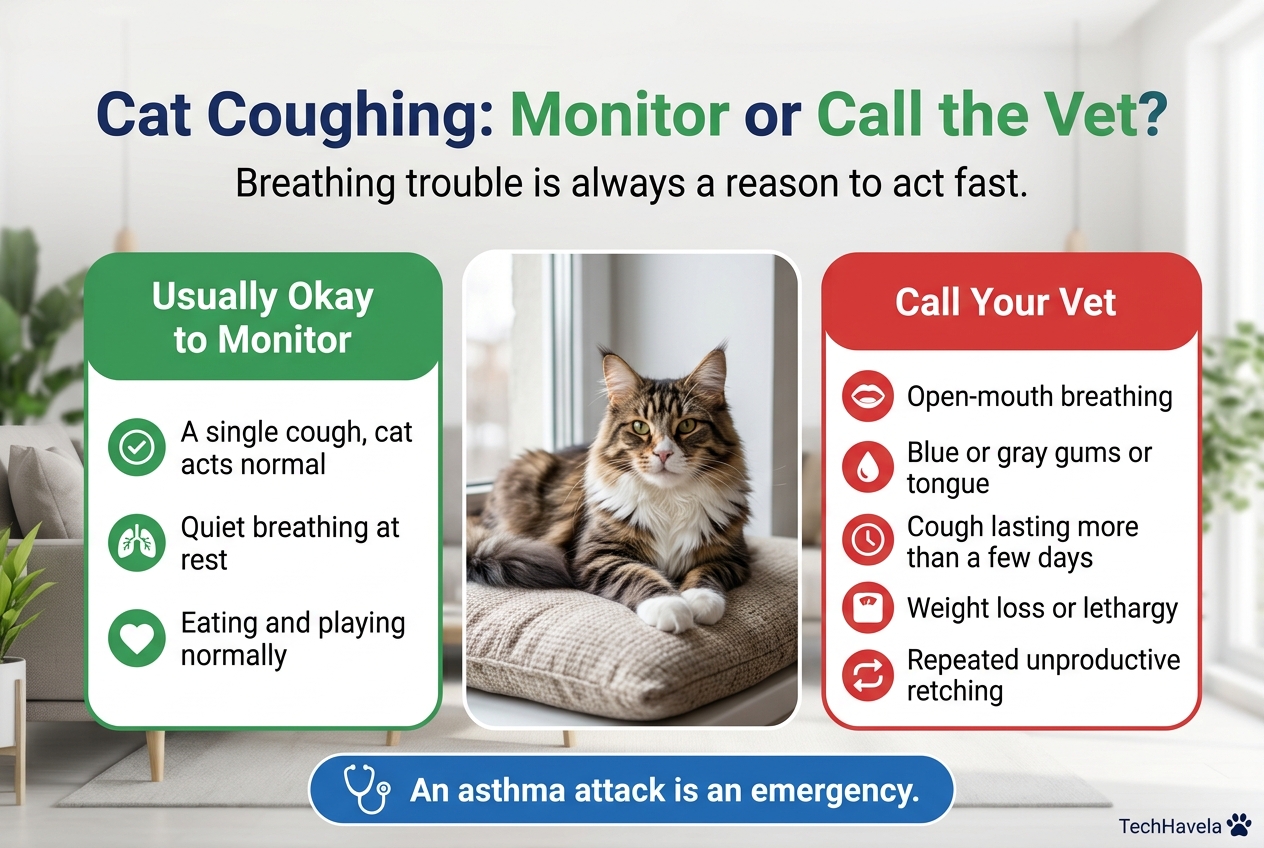 Maine Coon cat resting on a cushion between two lists comparing when a cat cough is usually okay to monitor and when to call the vet