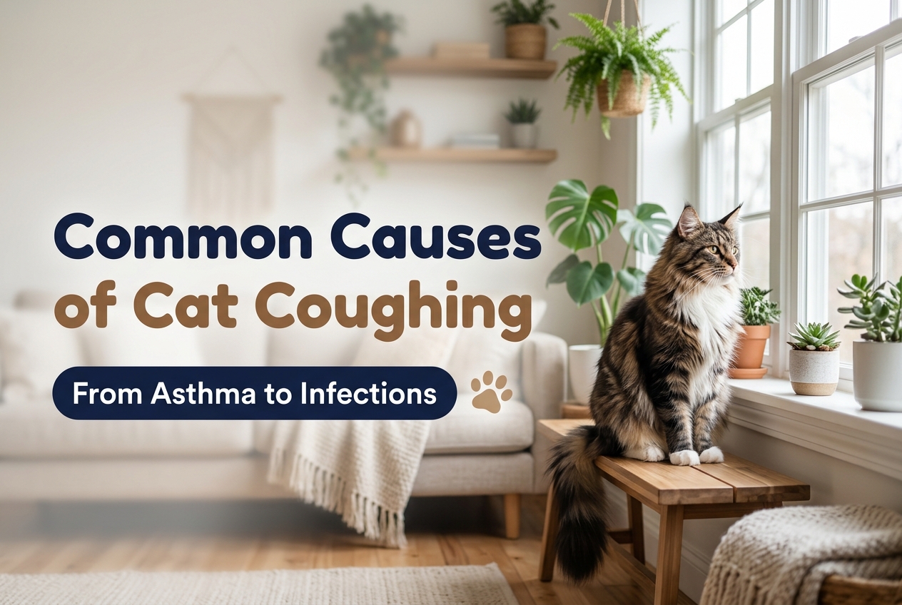 Maine Coon cat sitting by a bright window surrounded by houseplants, illustrating common causes of cat coughing