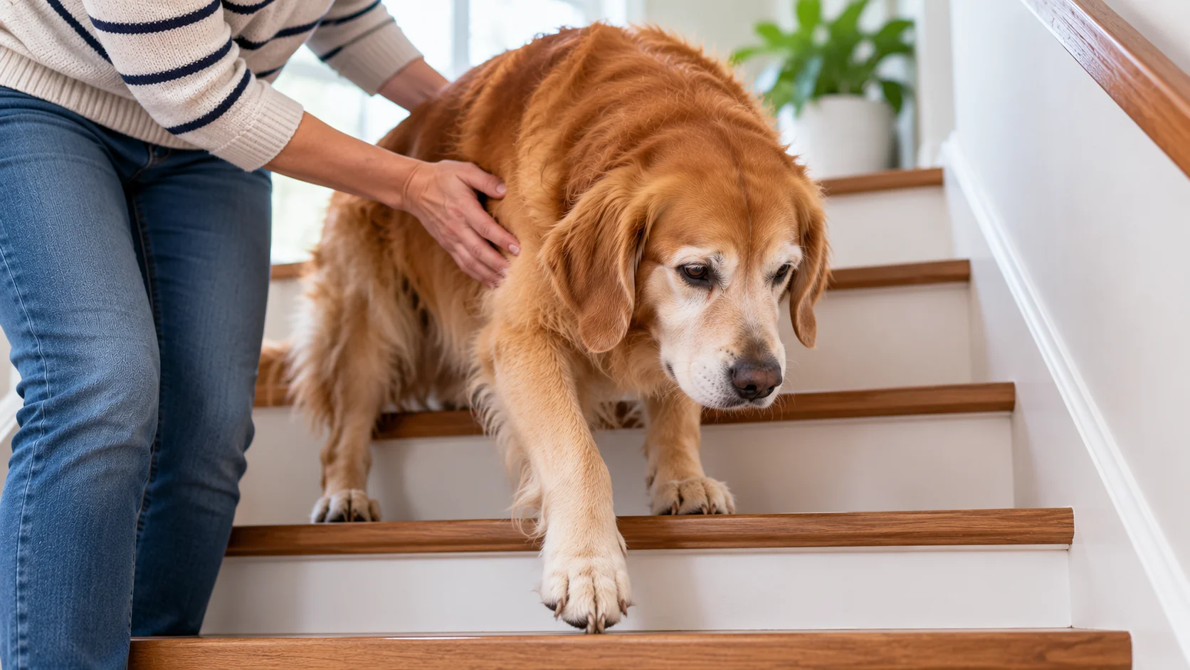 Dog with weak back legs having difficulty walking down stairs