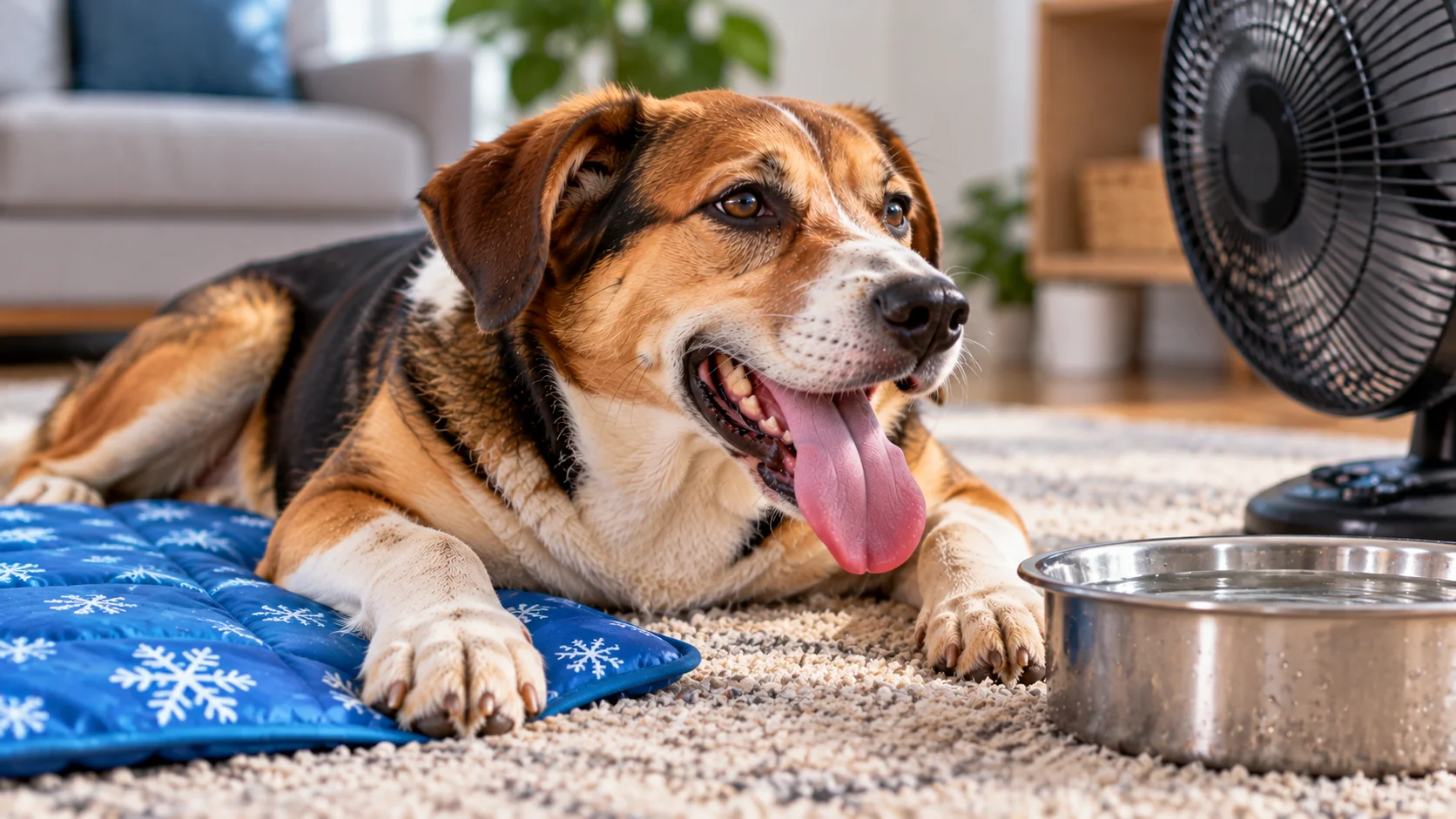 Panting dog cooling down beside water, a fan, and a cooling mat