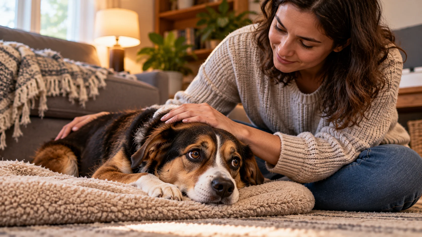 Owner gently comforting an anxious dog resting in a quiet home