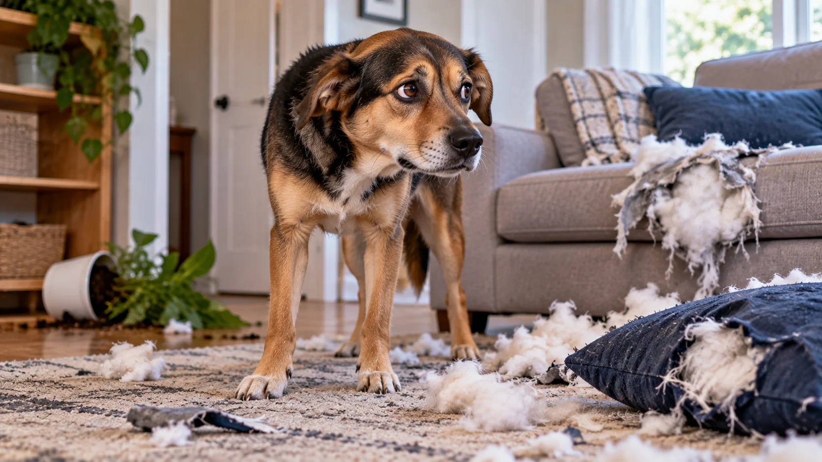 Anxious dog standing near torn pillows and scattered stuffing at home
