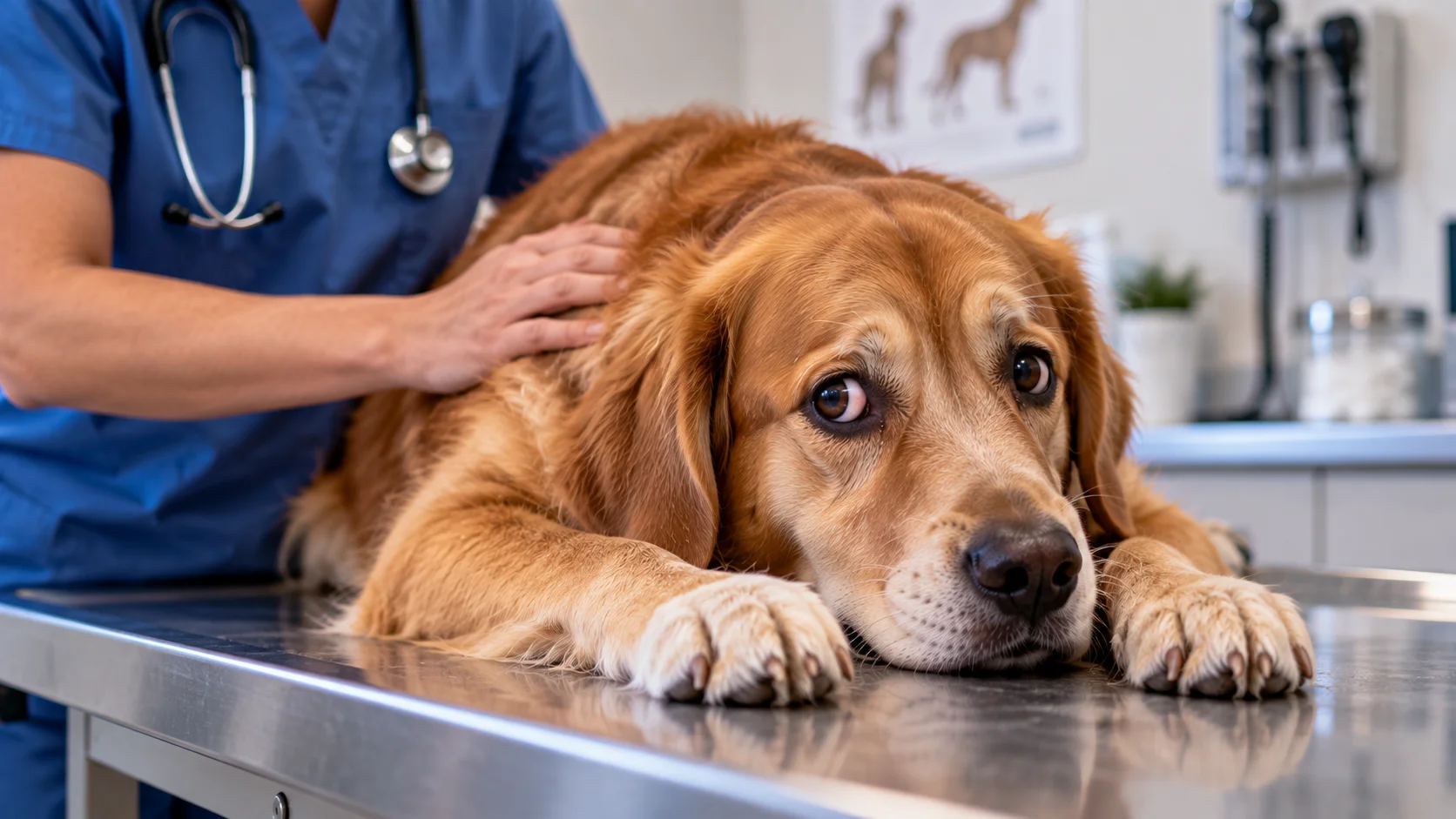 Anxious dog being examined by a veterinarian for possible pain or discomfort