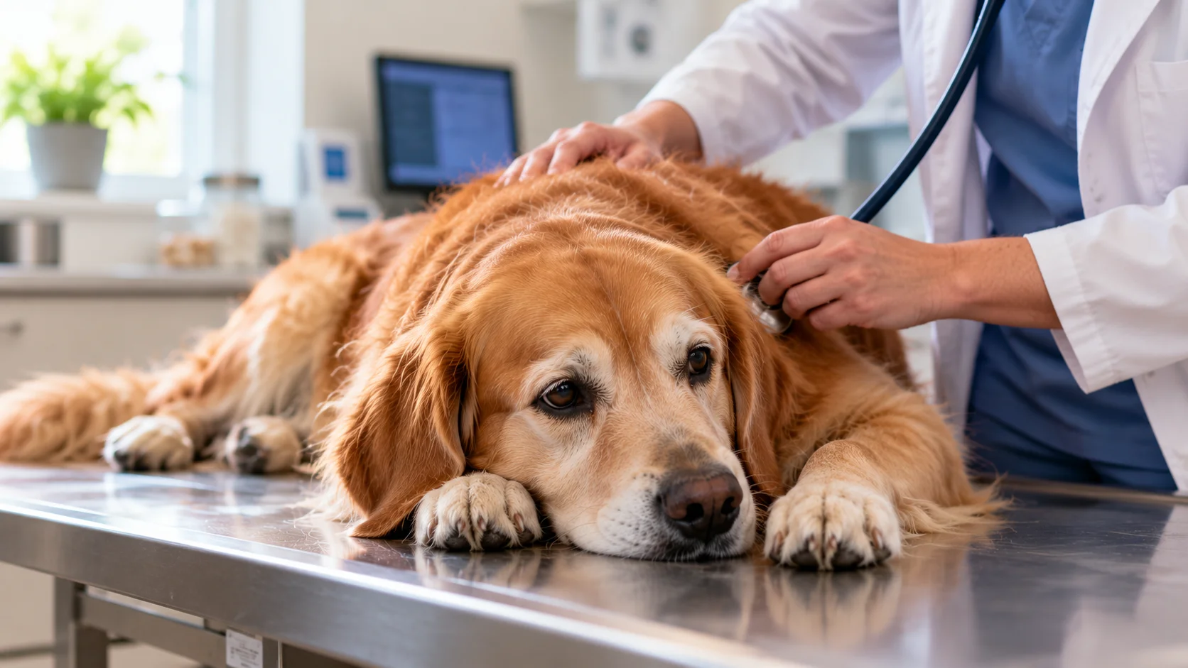 Veterinarian examining a dog with sudden weakness and low energy