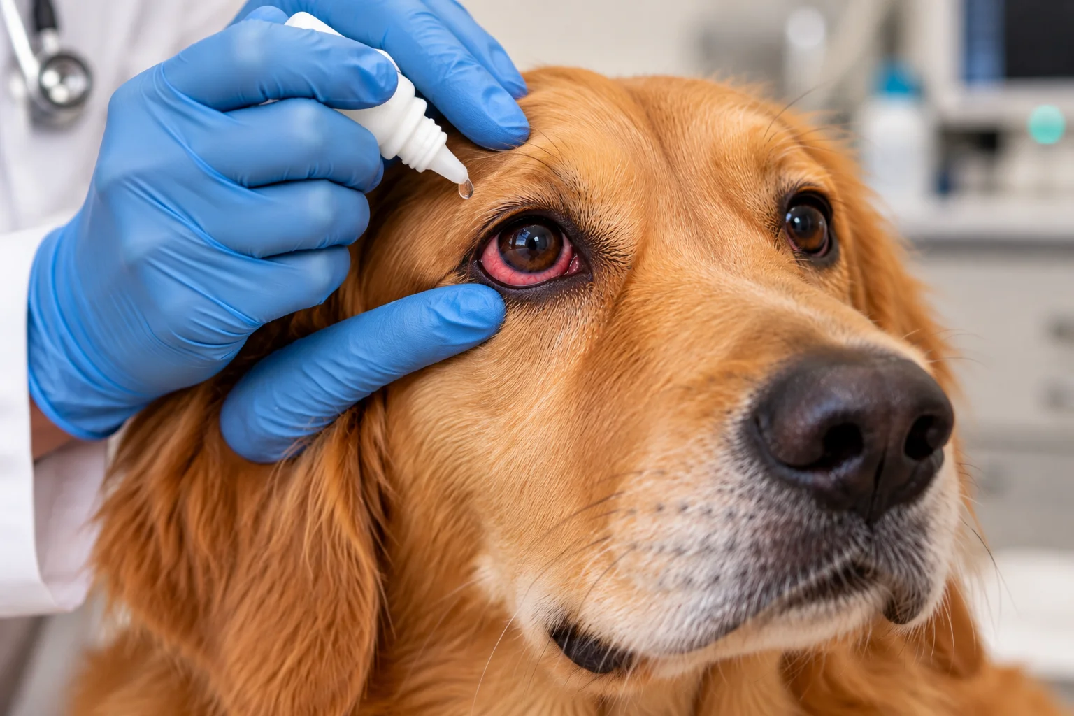Veterinarian examining a dog with a red and irritated eye