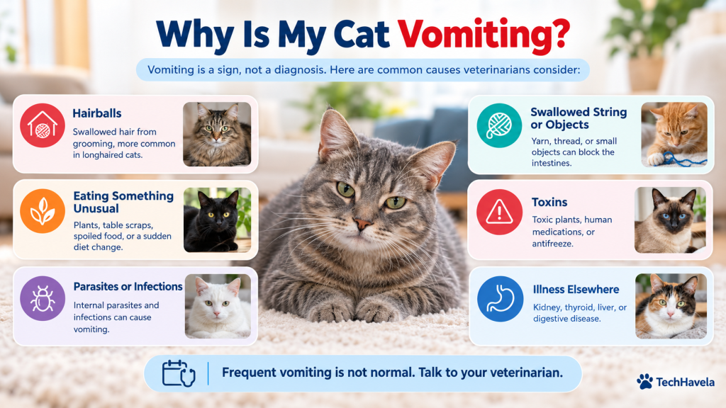 Why is my cat vomiting? Infographic showing hairballs, unusual foods, parasites, swallowed string, toxins and illness elsewhere as common causes