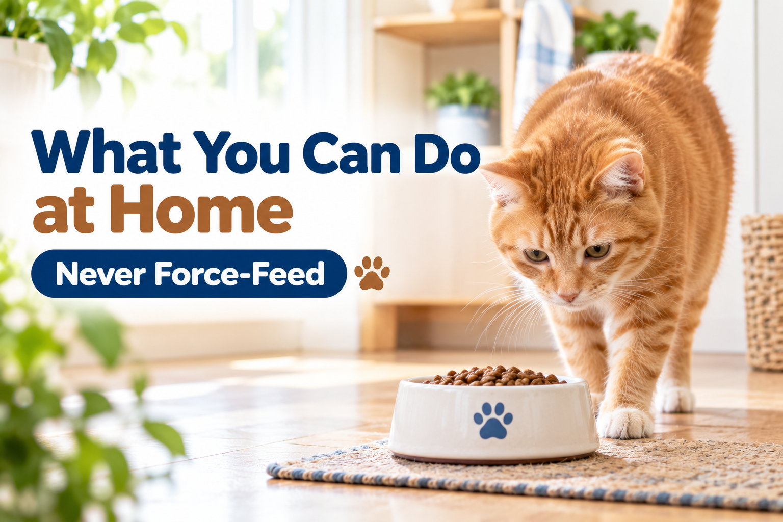 Orange tabby cat walking toward a bowl of dry food on a small rug in a bright room