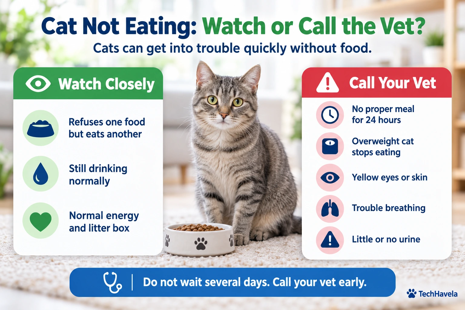 Gray tabby cat sitting by a food bowl between two lists comparing when to watch closely and when to call the vet