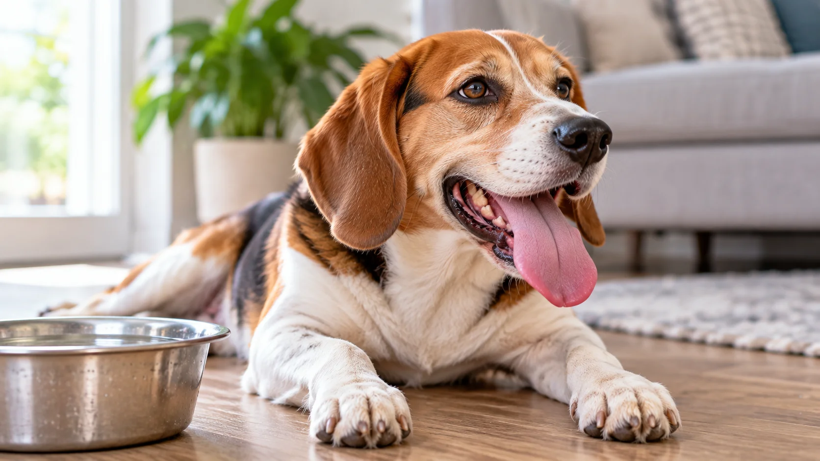 Dog panting while resting indoors beside a bowl of water