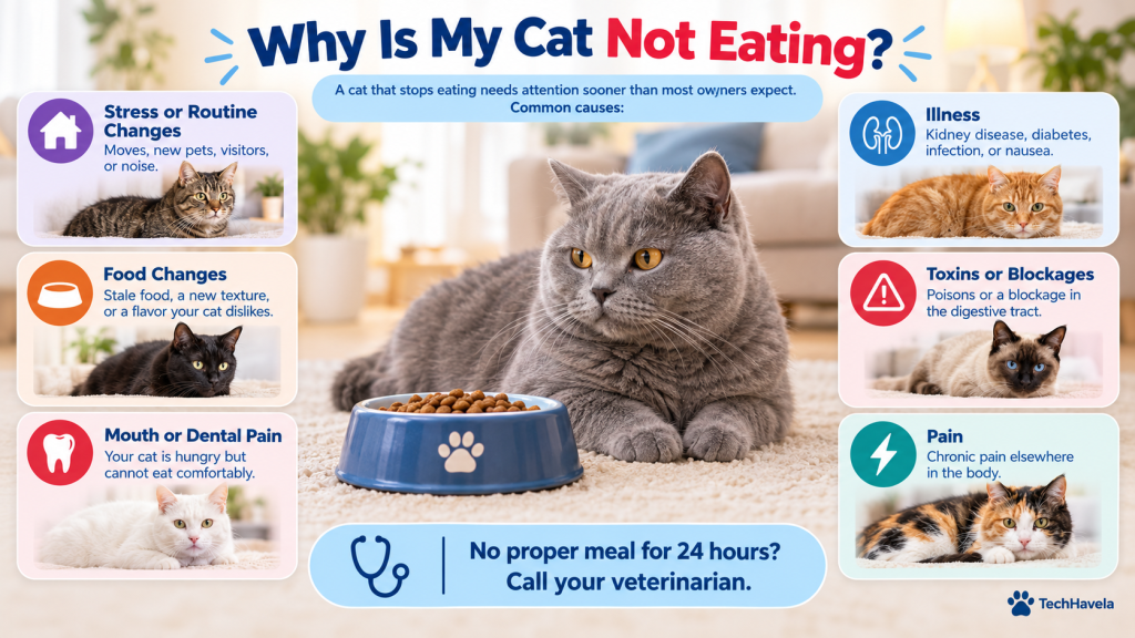 Why is my cat not eating? Infographic of a gray cat beside a food bowl surrounded by stress, food changes, dental pain, illness, toxins or blockages and pain as common causes