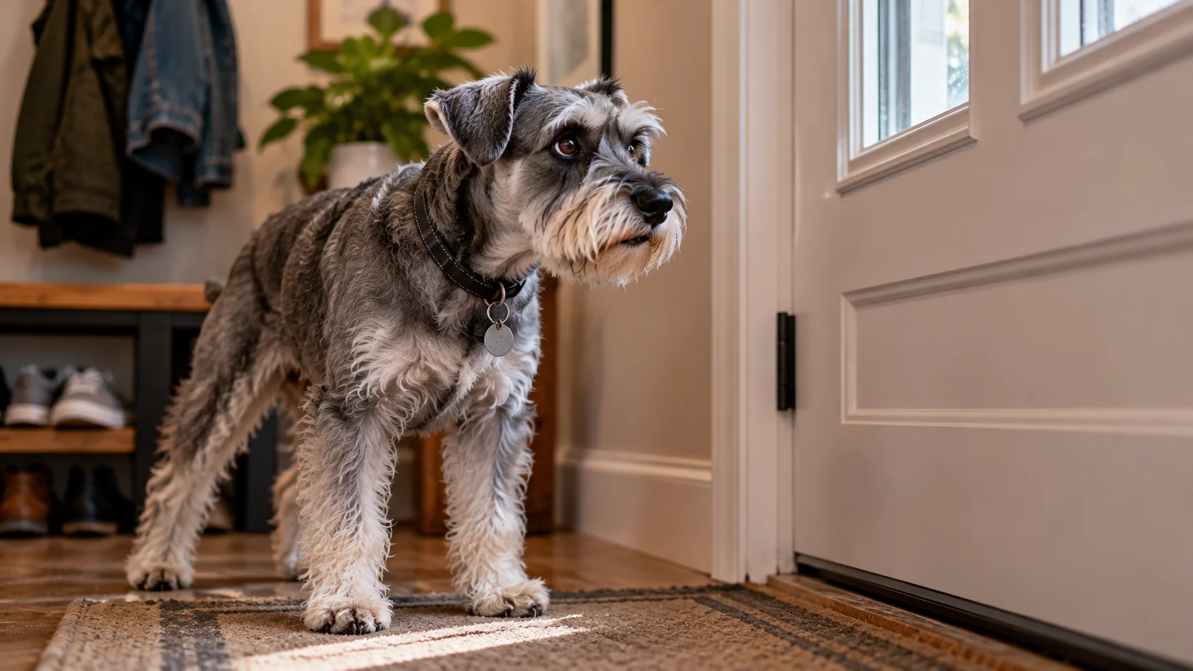 Anxious dog lying on the floor with a worried expression at home